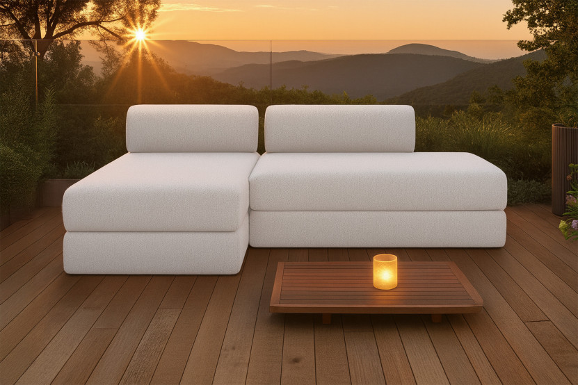 Canapé d'angle 5 places - 2 modules convertibles : Canapé 2 places + Méridienne - Tissu extérieur Beige clair