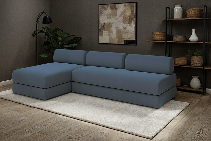Canapé d'angle 6 places - 2 modules convertibles : Canapé 3 places + Méridienne - Tissu lisse Bleu