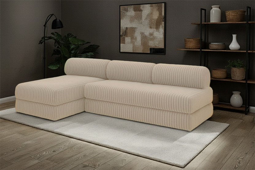 Canapé d'angle 6 places - 2 modules convertibles : Canapé 3 places + Méridienne - Velours côtelé XL Beige