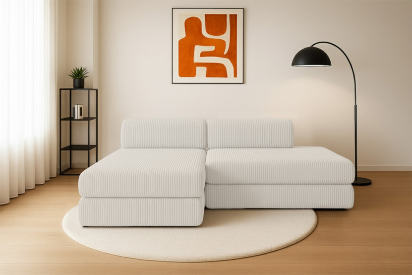 Canapé d'angle 5 places - 2 modules convertibles : Canapé 2 places + Méridienne - Velours côtelé XL Blanc