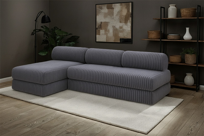 Canapé d'angle 6 places - 2 modules convertibles : Canapé 3 places + Méridienne - Velours côtelé XL Gris