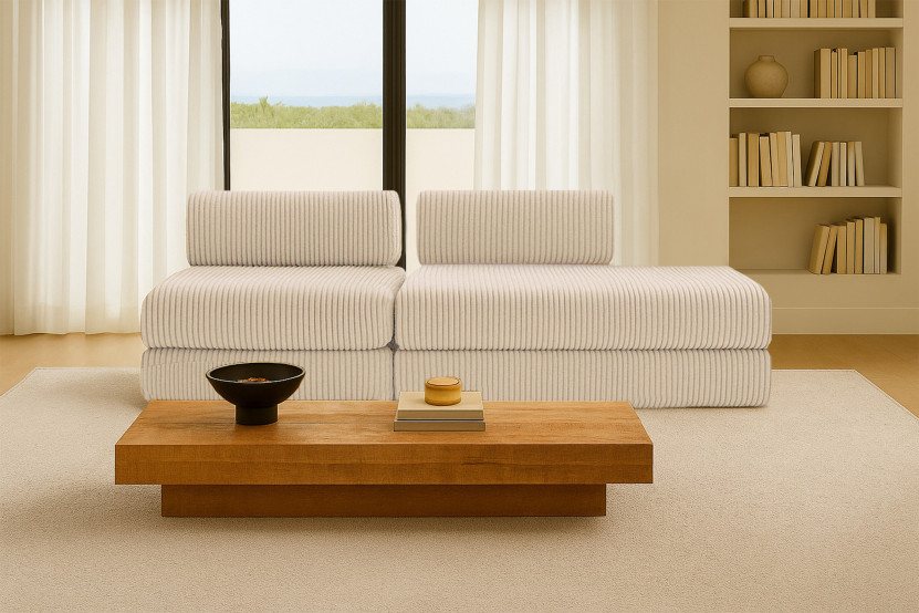 Canapé 3 places - 2 modules convertibles : Canapé 2 places + Fauteuil - Velours côtelé XL Beige