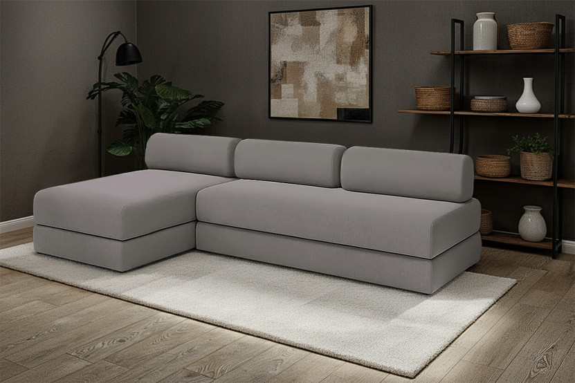 Canapé d'angle 6 places - 2 modules convertibles : Canapé 3 places + Méridienne - Tissu lisse Gris