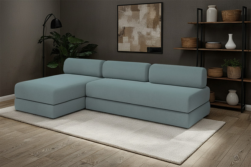 Canapé d'angle 6 places - 2 modules convertibles : Canapé 3 places + Méridienne - Tissu lisse Vert