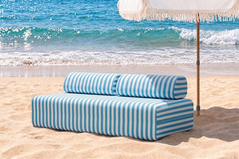 Canapé 3 places modulable - Tissu extérieur à rayures, blanc et bleu