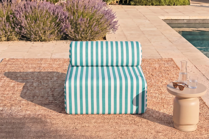 Fauteuil modulable - Tissu extérieur à rayures, blanc et bleu turquoise